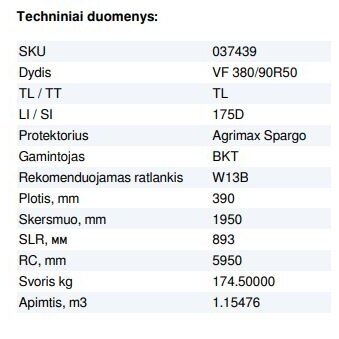 Padanga purkštuvams  VF 380/90R50 BKT AGRIMAX SPARGO 175D TL 2