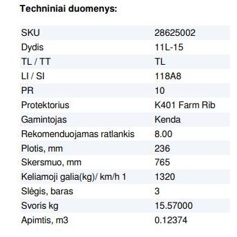 Padanga priekabai 11L-15 10PR KENDA K401 FARM RIB 118A8 TL 2