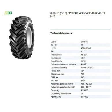 Tire 6.00-16 (6-16) 6PR BKT AS 504 95A8/83A8 TT 1