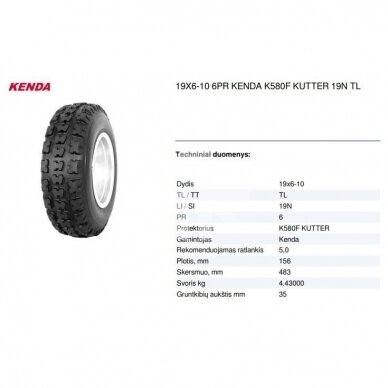 Padanga keturračiui 19X6-10 6PR KENDA K580F KUTTER 19N TL 1