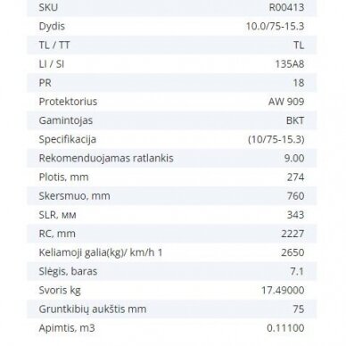 Padanga priekabai 10.0/75-15.3 (10/75-15.3) 18PR BKT AW 909 135A8 TL 10/75-15.3 2