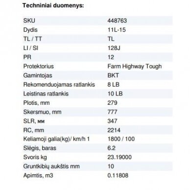 Padanga priekabai 11L-15 12PR BKT FARM HIGHWAY TOUGH 128J TL 2