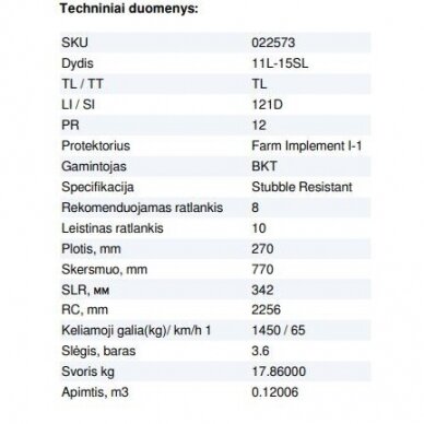 Padanga priekabai 11L-15SL 12PR BKT FARM IMPLEMENT I-1 121D TL 2