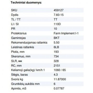 Padanga priekabai 7.60-15 10PR BKT FARM IMPLEMENT I-1 110D TT 2