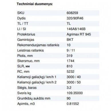 Padanga purkštuvams 320/90R46 BKT AGRIMAX RT 945 146A8/146B TL 2