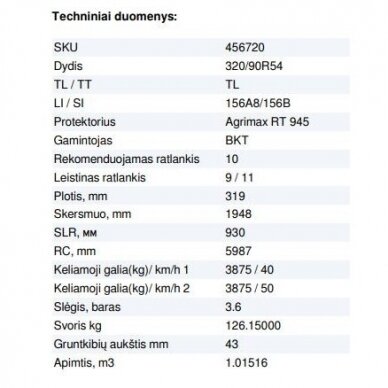 Padanga purkštuvams 320/90R54 BKT AGRIMAX RT 945 156A8/156B TL 2