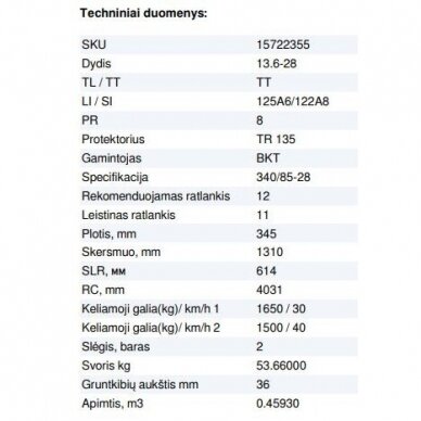 Padanga traktoriui 13.6-28 8PR BKT TR 135 125A6/122A8 TT 3