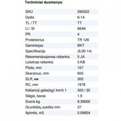 PADANGA TRAKTORIAMS 6-14 (6.00-14) 4PR BKT TR 126 66A6 TT 6.00-14 2