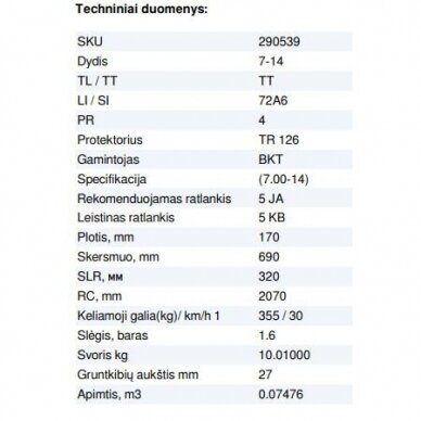 Padanga traktoriams 7-14 (7.00-14) 4PR BKT TR 126 72A6 TT 7.00-14 2