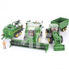 ŽAISLAS BRUDER RINKINYS JOHN DEERE TECHNIKOS PARKAS, KOMBAINAS 02132 + TRAKTORIUS SU PRIEKABA 03155 + PRESAS 02032 + FIGŪRELĖ 62610