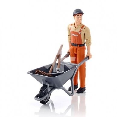 Toy Bruder gardener with wheelbarrow and tools 62130